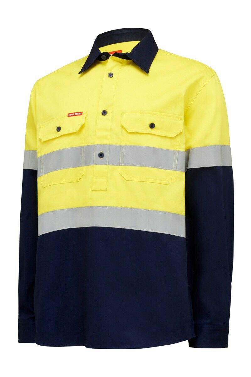 Hard Yakka Mens Core Hi-Vis Job Site Safety Tough Cotton Work Shirt Taped Y04615- Bannav S Bannav LLC