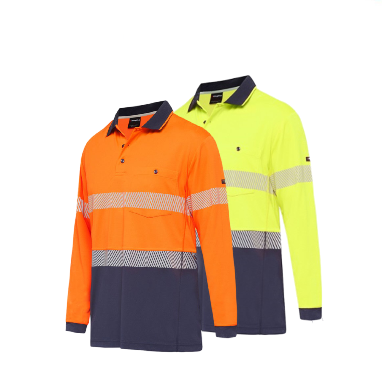 KingGee Mens Hi-Vis Workcool Summer Polo Shirt Long Sleeve Taped Work K54225- Bannav S Bannav LLC
