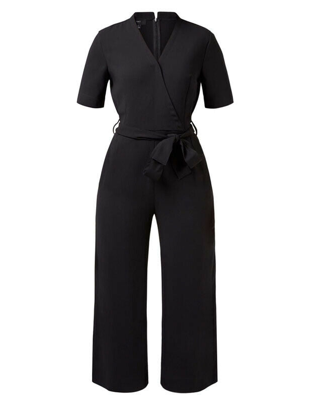 NNT Womens Short Sleeve Formal Jumpsuit Invisible Button Pleats Waist Tie CAT3RT- Bannav S Bannav LLC 