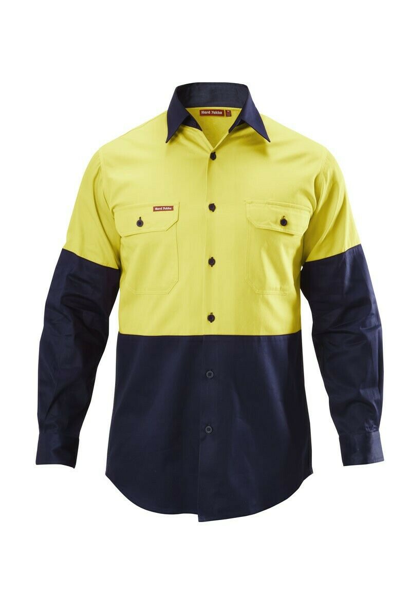 Hard Yakka Shirt Hi-Vis 2 Tone Long Sleeve Drill Work Safety Cotton Y07982- Bannav S Bannav LLC 