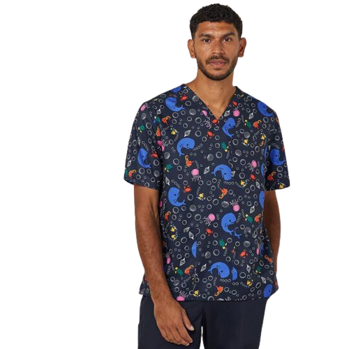 NNT Mens Under The Sea Print Scrub Top Unisex V Neck Line Nurse Workwear CATRFW- Bannav S Bannav LLC 