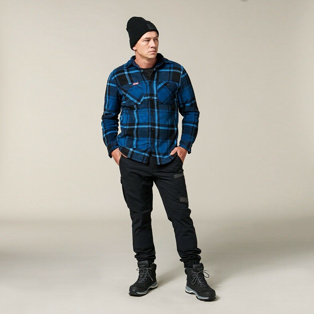 Hard Yakka Men Beanie Snug Fit Relaxed Top Leather Look Embossed Logo Y22370- Bannav S Bannav LLC 