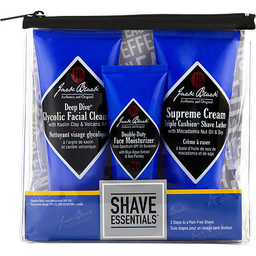 Jack Black by Jack Black Shaved Essentials Set: Deep Dive 3 oz + Supreme Cream Triple Cushion Shave Lather 2.6 oz + Double-Duty Face Moisturizer SPF 20 1.5 oz--3 pcs