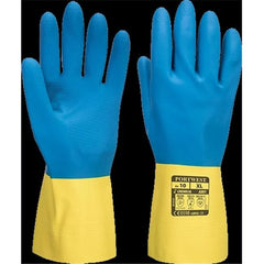 A801Y4RM Double Dipped Medium Latex Gauntlet Gloves- Yellow & Blue- Bannav S Bannav LLC 